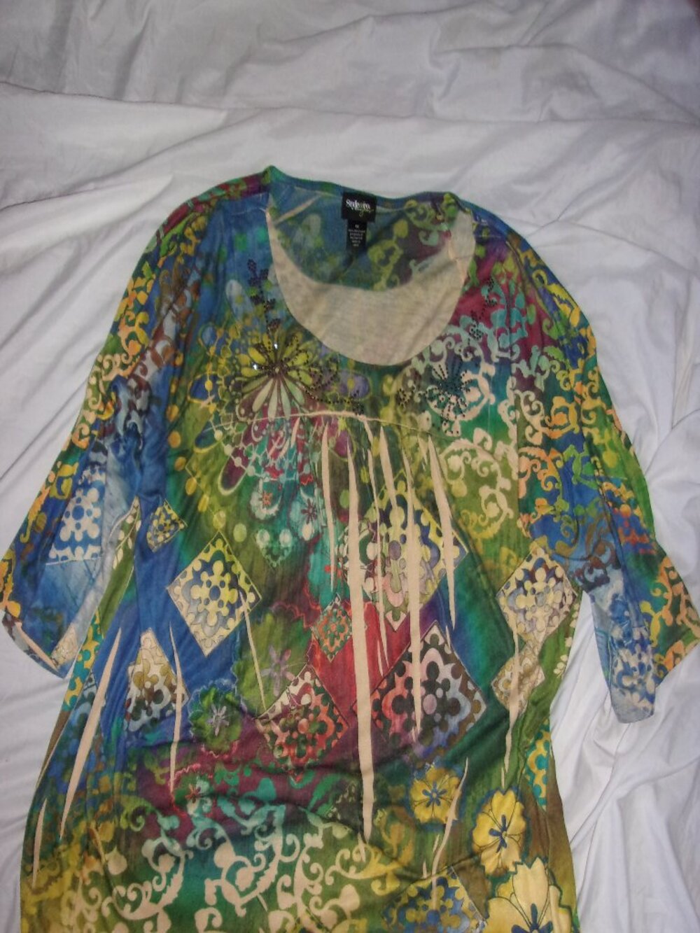 size 1x 1 x womens tee shirt t boho graphic blue yellow bling